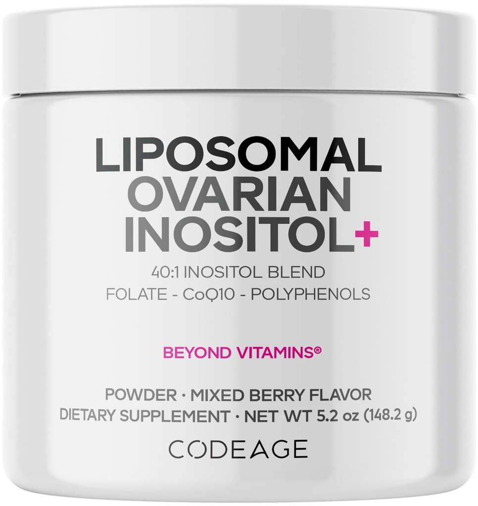 Kodeage Liposomal Ovarial Inositol Powder - Myo-Inositol & D-Chiro- Inositol 40: 1 Blend, Folate 5-MTHF, CoQ10, Pomegranat & Wild Blueberry - 2-Måned Supply - Blandede Berry Flavor - Non-GMO, 60 Servering