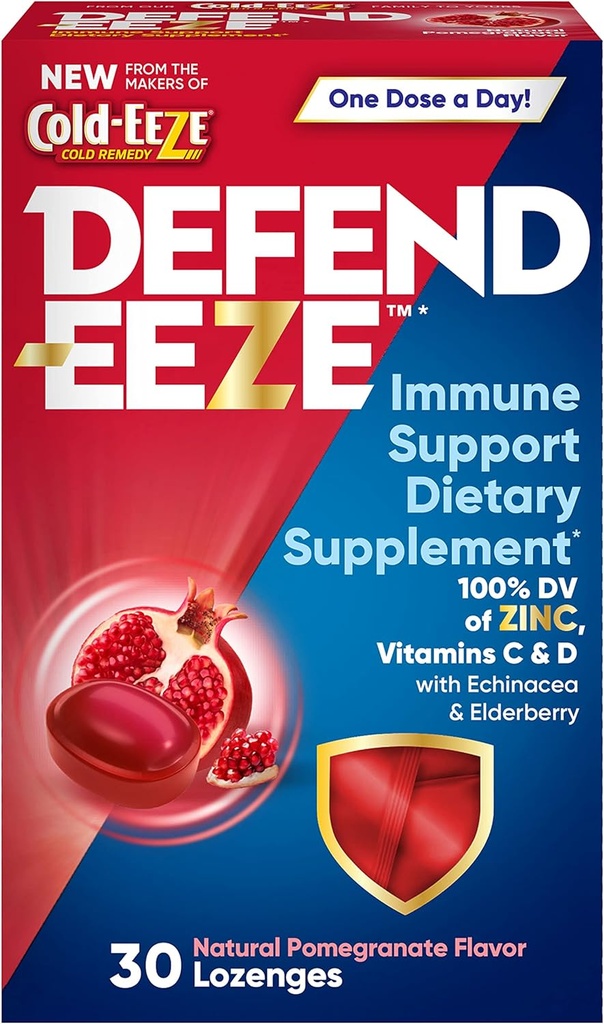 Defend- EEZE immunforsvar Kosttilskud Lozenges, 100% daglig værdi af zink, Vitaminer C & D per dosis, med Echinacea & Elderberry, Pomegranate Flavor, 30 Lozenges