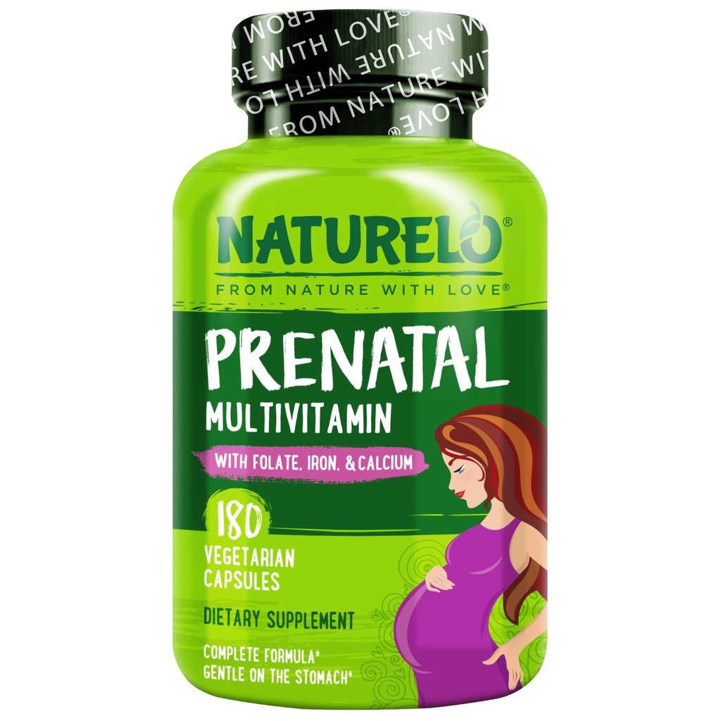 NATURELO Prenatal Multivitamin med Gentle Chelated Jern, methylfolat, Plant Calcium & Cholin - Vegan, Vegetar - Non- GMO - Gluten Free - 180 Kapsler - 2 Måned Supply