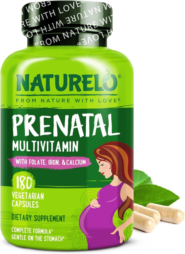 NATURELO Prenatal Multivitamin med Gentle Chelated Jern, methylfolat, Plant Calcium & Cholin - Vegan, Vegetar - Non- GMO - Gluten Free - 180 Kapsler - 2 Måned Supply