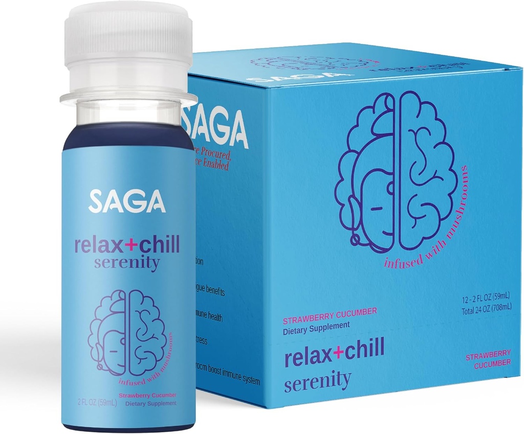 SAGA Organic Relaxation Shots against 124; Indeholder adaptogener & champignons - Lions Mane & Kava Mead124; Høj biotilgængelighed & Fast Onset Mead124; Elevate Mood & Reducer Træthed Mead124; Strawberry Cuckumber 2oz Shots (12- Pack)