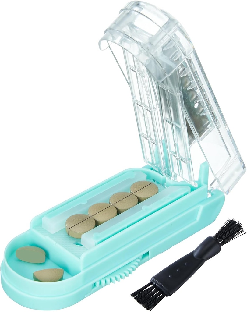 Pill Cutter til flere piller ad gangen, Pill Cutter Splitter til små og små piller, Pill Cutter til små eller store piller, Pill Splitter med skjult Sharp rustfrit stål klinge (blå + klar)