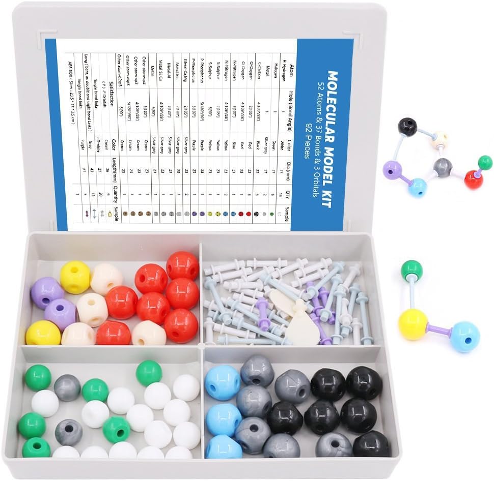 Swpeet 92 Pcs Kemi Molecular Model Student and Lærer Set, Molecular Model Set for Uorganisk & Organic Chemistry - 52 Atoms & 37 Bonds & 3 Orbitaler