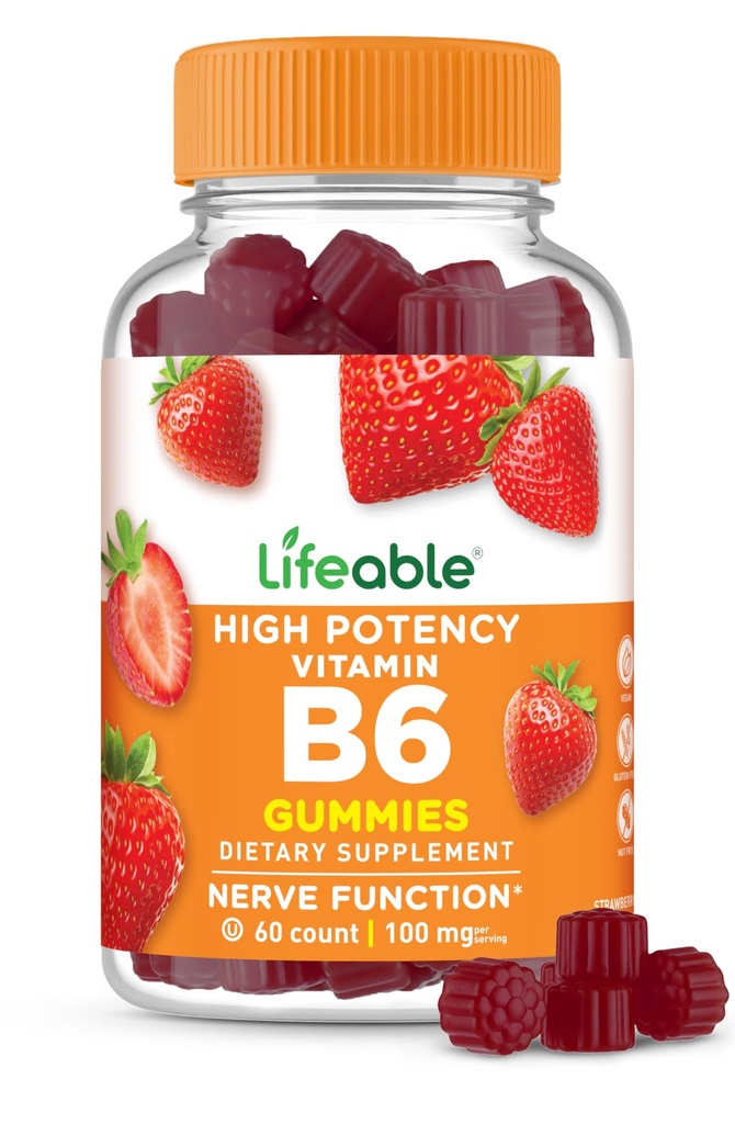 Levedygtig vitamin B6 Gummies • 124; 100mg • 124; Great Tasting VIT B6 Supplement • 124; Vegan B6 vitaminer til nerve støtte • 124; vitamin B 6 for voksne, mænd, kvinder • 124; 60 Gummies