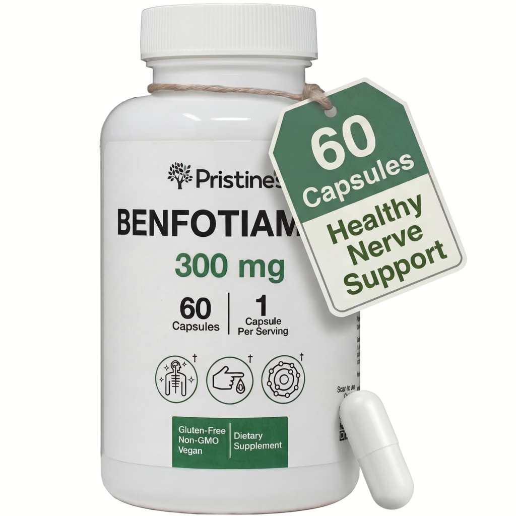 PRISTINE 'S Benfotiamin 300mg High Bioavailability Nerve Support - 60 Day Supply - Fat Opløselig vitamin B1 Kosttilskud - Vegan - Non- GMO