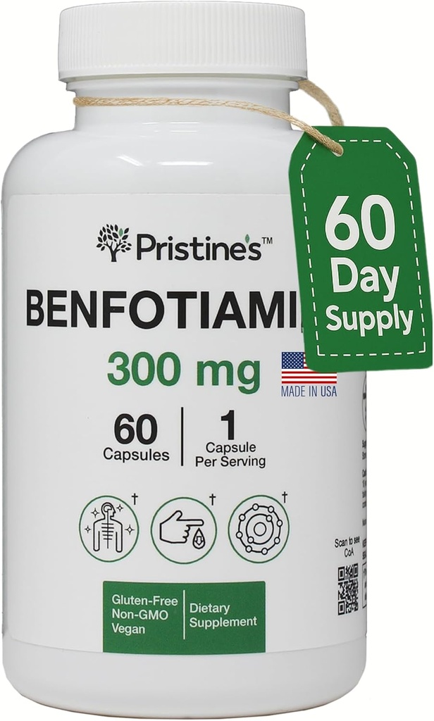 PRISTINE 'S Benfotiamin 300mg High Bioavailability Nerve Support - 60 Day Supply - Fat Opløselig vitamin B1 Kosttilskud - Vegan - Non- GMO