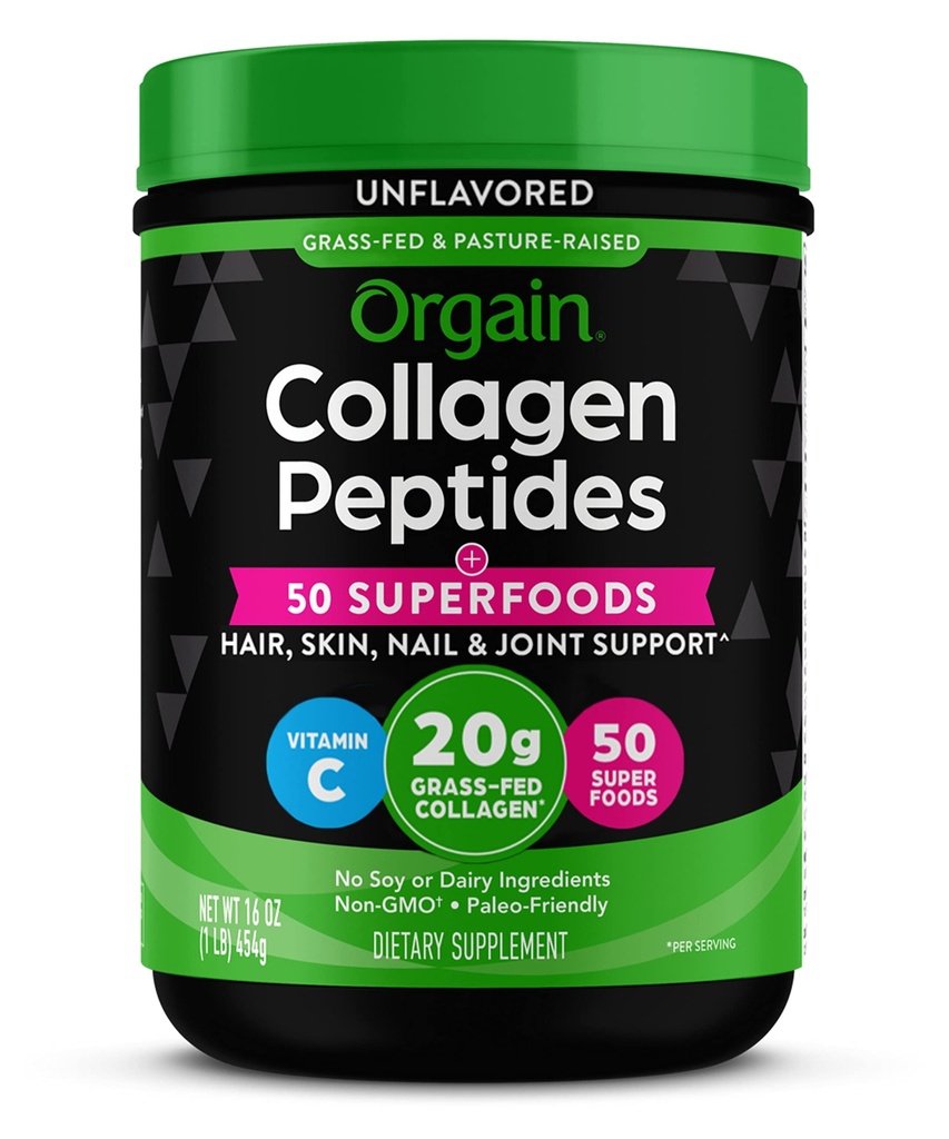 Orgain Hydrolyzed Collagen Powder + 50 Organic Superfoods For Women & Men, 20g Grass Fed Collagen med C-vitamin, Unflavored - hår, hud, søm, & fælles supporttillæg, non-GMO, type I & III, 1lb