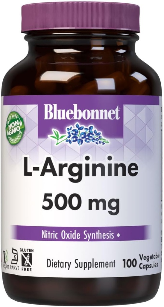 Bluebonnet Nutrition L- Arginin 500mg, Free- Form Aminosyre, Nitrogenoxid Precursor *, Soy- Free, Gluten- Free, Non- GMO, Kosher Certified, Vegan, 100 Vegetabilske kapsler, 100 Servere, White