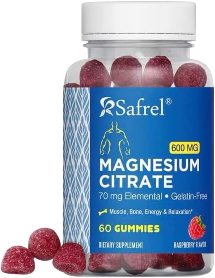 Safrel Magnesium Citrate Gummies - 60 Vegansk Gummies, 600 mg per servering - fremmer afslapning, muskel, ben, & energistøtte - voksne & seniorer - Raspberry Flavor (pakke med 1)