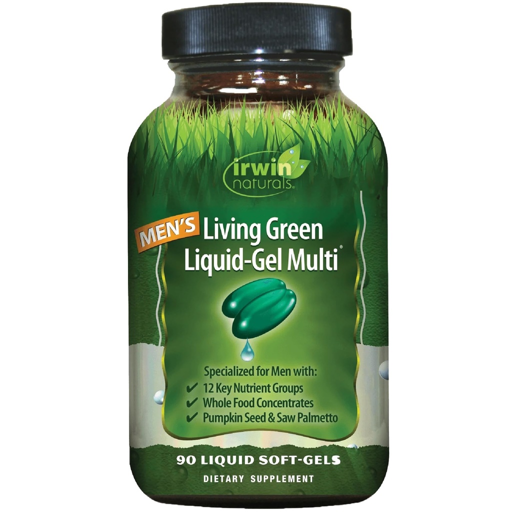 Irwin Naturals Mænds Living Green Liquid- Gel Multi - 70 Essential Nutrients, Full- Spectrum Vitaminer, Wholefood Blend - Målrettet Adrenal & Brain Support - 90 Flydende bløddele