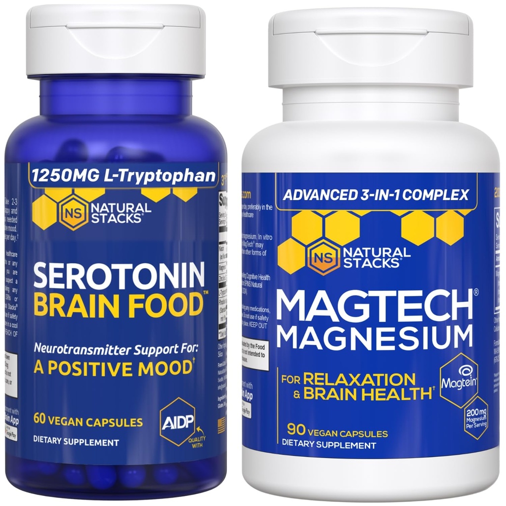 NATURLIGE STAKKER MagTech Magnesium + serotonin brain food bundle - understøtter afslapning, hjerne sundhed & et positivt stof * - 150 Total kapsler