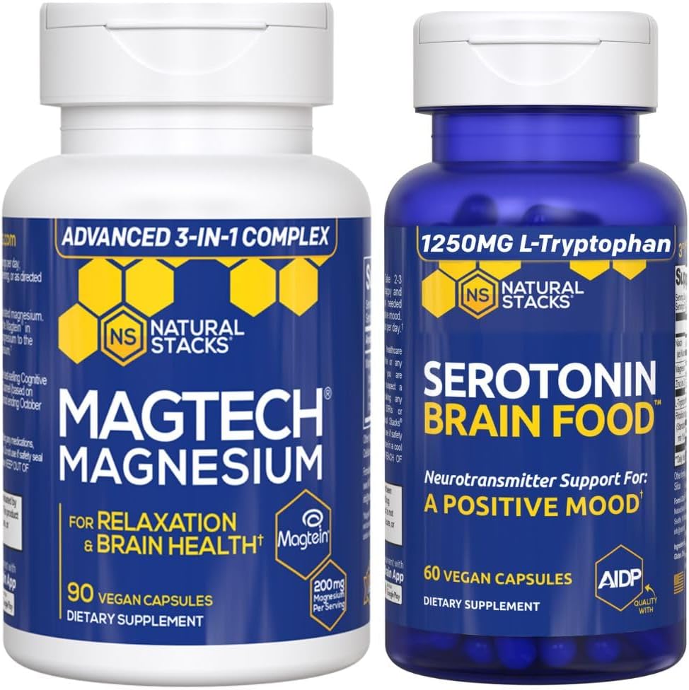 NATURLIGE STAKKER MagTech Magnesium + serotonin brain food bundle - understøtter afslapning, hjerne sundhed & et positivt stof * - 150 Total kapsler