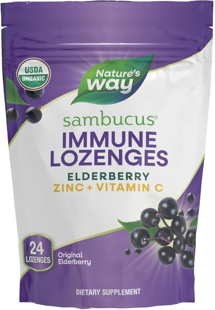 Nature 's Way Sambucus Immunlozenges, Zink + C-vitamin, Black Elderberry Extract, USDA Certified Organic, Original Berry Flavored, 24 Lozenges (Packaging May Vary)
