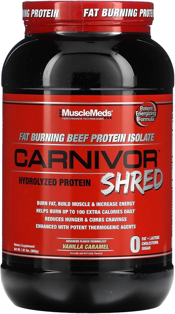 MuscleMeds Carnivor Shred Fat Burning Hydroliseret Beef Protein Isolate, 0 Lactose, 0 Sukker, 0 Fedt, Vanilla Caramel, 2 Pund, 28 Servere