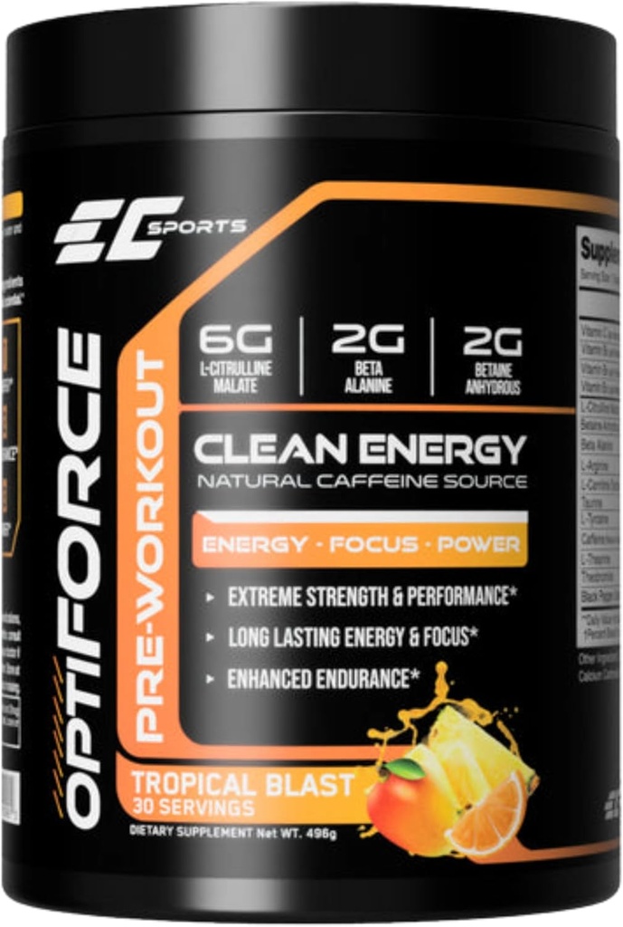 EC Sports OptiForce Pre- Workout Tropical Blast Supplement Powder - Clean Energy & Natural Coffein w / Long- Lasting Endurance and Focus - 30 Serveringer
