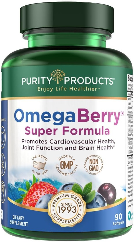 Renhed Produkter OmegaBerry Fish Oil w / Vitamin D3 + Organic Acai Super Formel - 1875 mg koncentreret, Molekulært Destilleret, Ultra Pure Omega- 3s 1080 mg EPA + 720mg DHA + 120 mg DPA - 90 Tæl