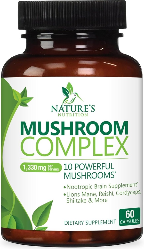 Mushroom Brain Supplement 1330 mg - 10 i 1 høj styrke Mushroom Kompleks med Lions Mane, Tyrkiet Tail, Reishi, Cordyceps, Chaga & Brain Nootrop Complex for Memory & Focus Support - 60 kapsler