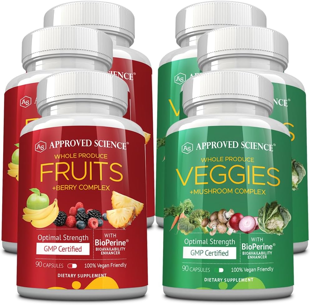 Approved Science Fruits & Veggies - 42 Whole Fruit and Veggie Supplement - Enhanced Health & Vitality - Daily Natural Vitamins, Minerals, Antioxidants - 270 Capsules Each - 3-Month Supply