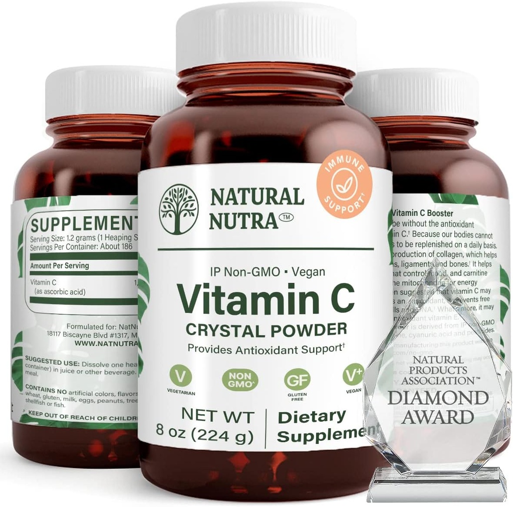 Naturlig Nutra Pure C-vitamin krystal pulver fra Ascorbic Acid, Boost Immunitet, Opretholde Capillary Strength Supplement, Øger Iron Absorption, Non- GMO, Herbicid, Pesticid, Soy Free, 8 Oz