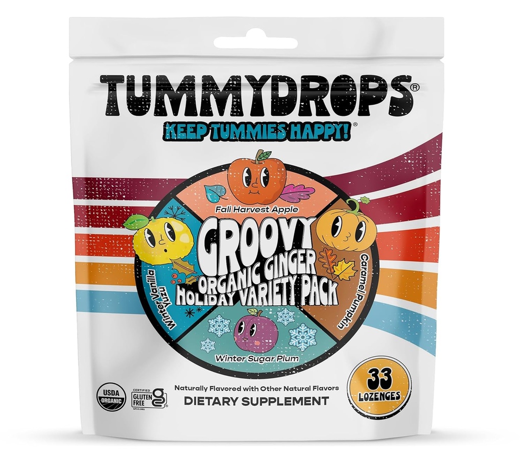 USDA Organic Groovy Ginger Holiday Variety Tummydrops (Mix of Caramel Pumpkin, Fall Apple, Winter Yuzu & Sugar Plum Ginger Flavors). Taske med 33 forskellige dråber. Certificeret Gluten Free.