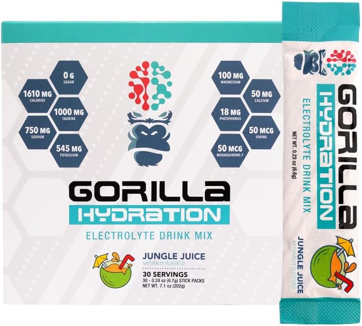 Gorilla Mind Hydration Packets - 3,073mg Elektrolyter On Go Praktisk drik mix til omfattende genoplivning - Zero Sugar, naturligt sødet & fastende venligt - 30 Greve (Jungle Juice)
