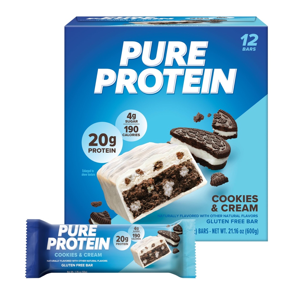 Pure Protein Bars, High Protein, Ernæringsrige Snacks til at støtte energi, Lavt sukker, Glutenfri, Cookies og Cream, 1.76oz, 12 Pack
