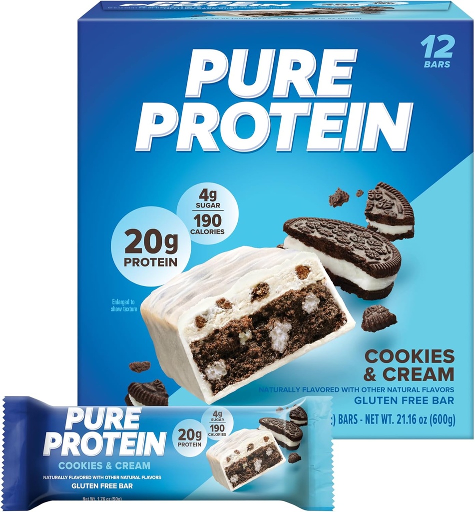 Pure Protein Bars, High Protein, Ernæringsrige Snacks til at støtte energi, Lavt sukker, Glutenfri, Cookies og Cream, 1.76oz, 12 Pack