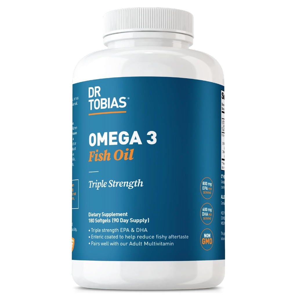Dr. Tobias Omega 3 Fish Oil 2000mg Triple Strength with 800mg EPA 600mg DHA Per Serving Deal 124; Fish Oil Omega 3 Kosttilskud til hjerte hjerne & immunforsvar - 180 Softgels (90 Servere)