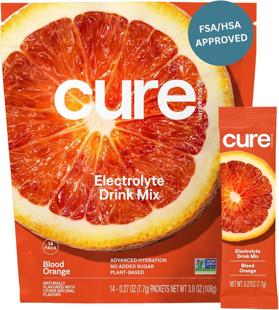 Cure Hydration • 124; Plantbaseret elektrolytdrik • 124; Ingen tilsat sukker • 124; FSA- HSA • 124; Dehydrering • Hjælpepulver fremstillet med kokos • 124; ikke- GMO • 124; Vegan • 124; Pouch af 14 Pakninger - Blood Orange