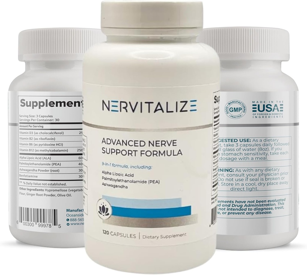 Advanced Nerve Support Formel med 600 mg Pure Alpha Lipoic Acid og Palmitoylethanolamid (Pea) neuropati Support Supplement - Forstærkning Nerves - Bedste Perifer Relief Support - 120 Kapsler