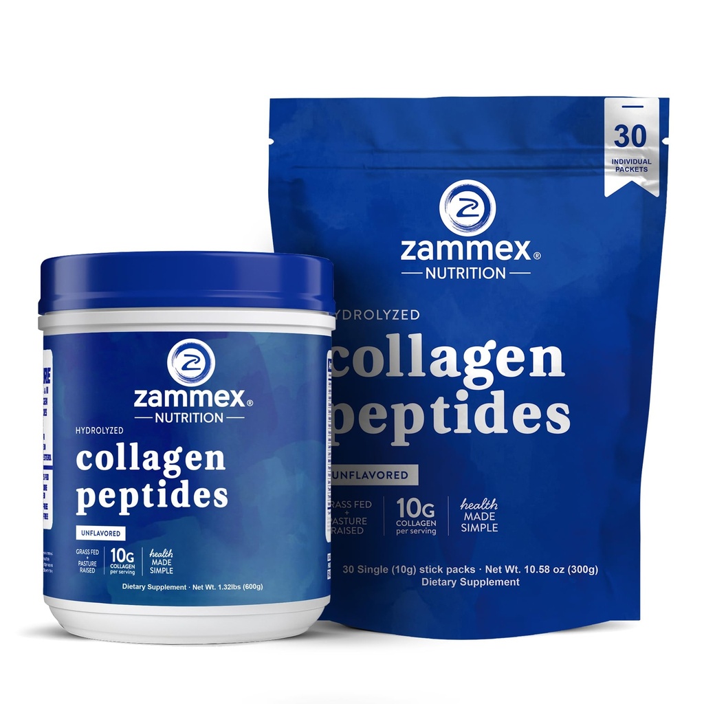 Zammex Collagen Peptider Powder Unflavored 600g + 30 Sticks Rejsepakker