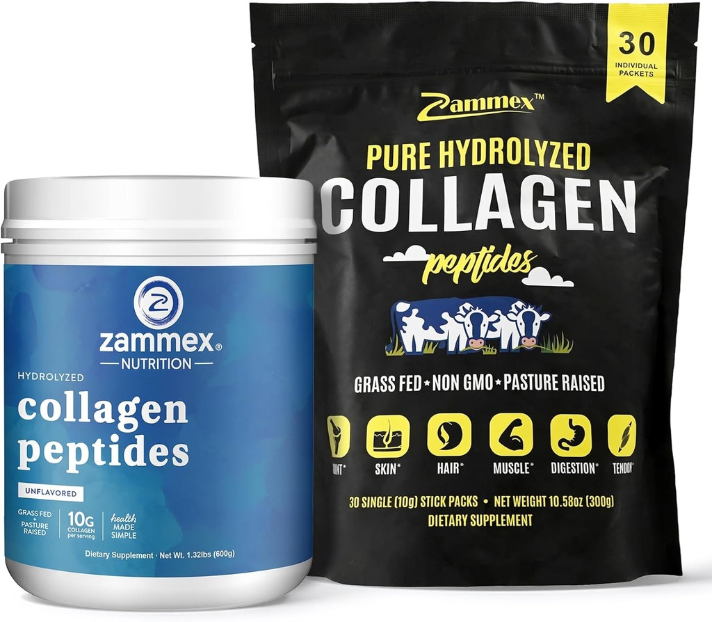 Zammex Collagen Peptides Powder Unflavored 600g + 30 Sticks Travel Packets