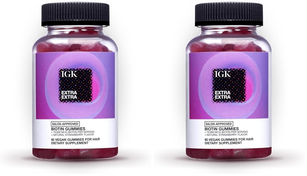 IGK biotin hår gummies 10,000mcg biotin (60 greve), jordbær smag, hårvækst supplement gummies for sundt hår, hud & negle, Vegan, hjælp til at bekæmpe hårtab & tynding (pakke af 2)