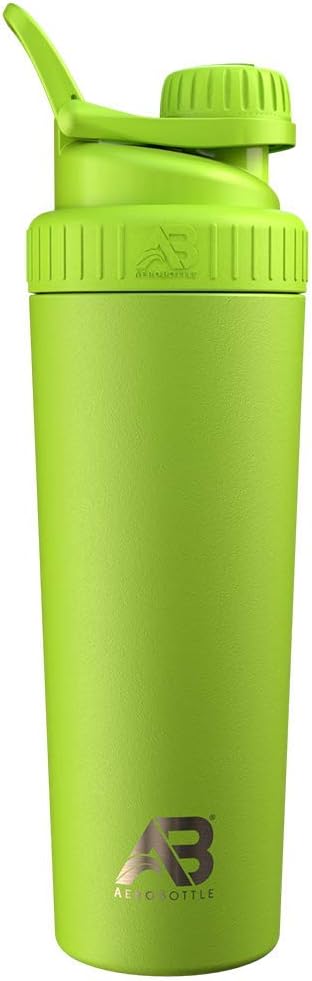 AeroBottle Cryo Shaker Cup, Insulated Stainless Steel Water Bottle and Protein Shaker, Mixes Protein and Pre Workout With Turbulent Mixing Technology, No Blending Ball or Wisk, 26oz, Eco Shock Green