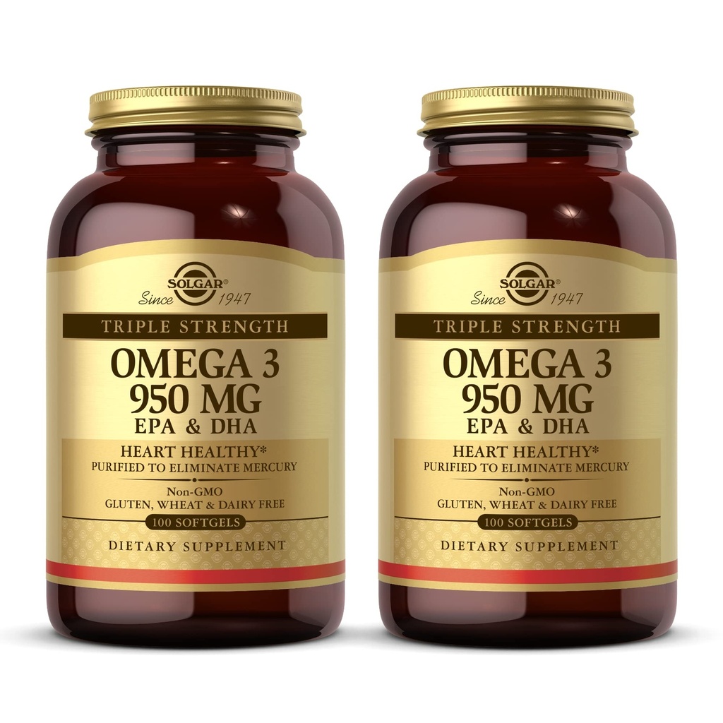 Solgar Triple Strength Omega 3 950 mg - 100 Softgels, Pack of 2 - Understøtter Joint & Skin Health - non-GMO, Gluten Free, Dairy Free - 200 Total Servering