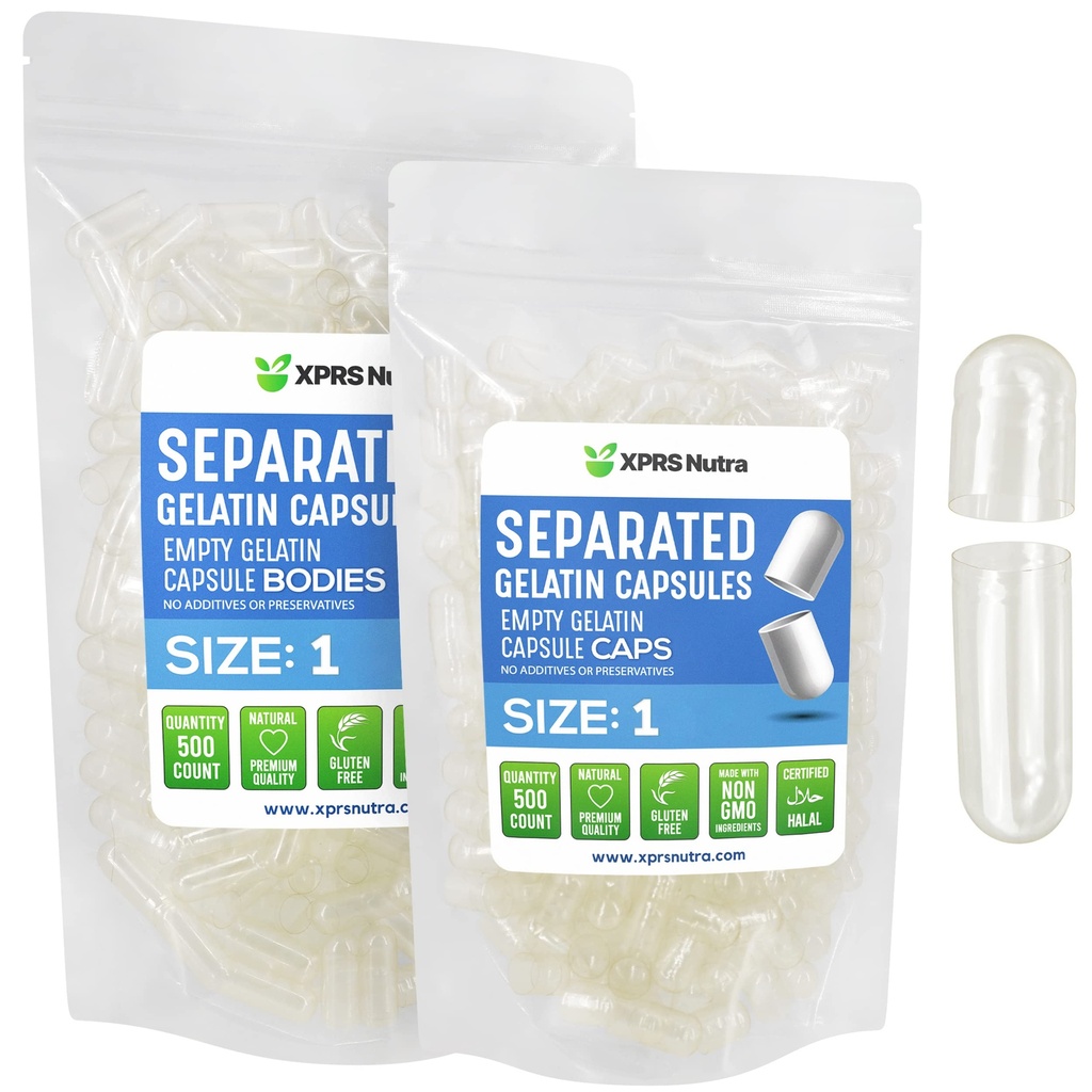 XPRS Nutra størrelse 1 Gelatine adskilte kapsler - 500 Tomme piller kapsler adskilt i poser - Clear Tomme piller til Do- It- Yourself gør supplement Fyldning