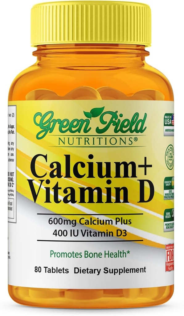 Greenfield Nutritions Halal Calcium tabletter med vitamin D3 - Halal Calcium 600mg med vitamin D3 400IE - 90 Halale vitaminer Calcium tabletter til kvinder og mænd, understøtter ben tænder og immunforsvar