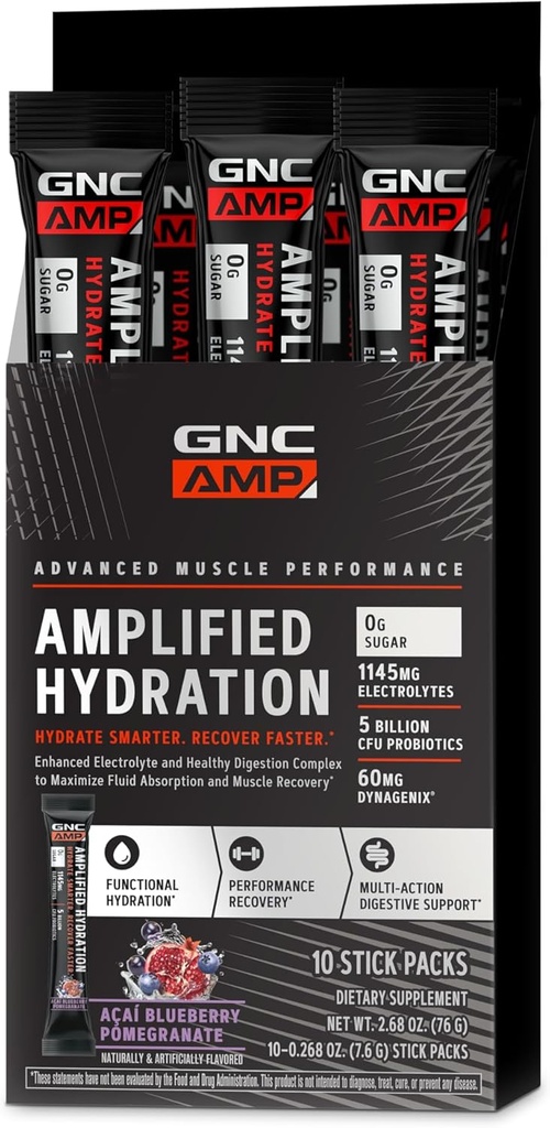 GNC AMP Amplified Hydration Electrolyte Powder Drink Mix | Enhanced Electrolyte & Healthy Digestion Complex | Acai Blueberry Pomegranate | 10 Count