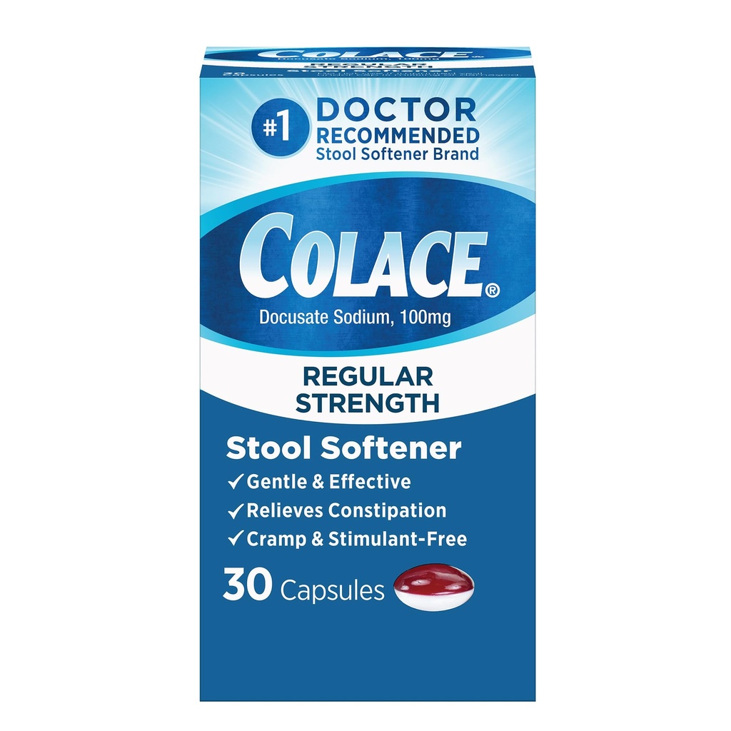 Colace Regelmæssig styrke afføring blødgøringsmiddel til genert effektiv Forstoppelse Relief, No. 1 Doctor Anbefalet afføring blødgøringsmiddel Mærke, 100 mg Docusat kapsler, 30 Greve