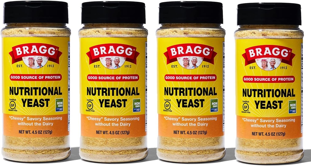 Bragg Nutritional Gær Seasoning - Vegan, Gluten Free Ost Flakes - God kilde til protein & vitaminer - Nutriøs Savory Parmesan Ost Substitute - Ikke GMO Verificeret, 4.5 Ounce, 4 -Pack