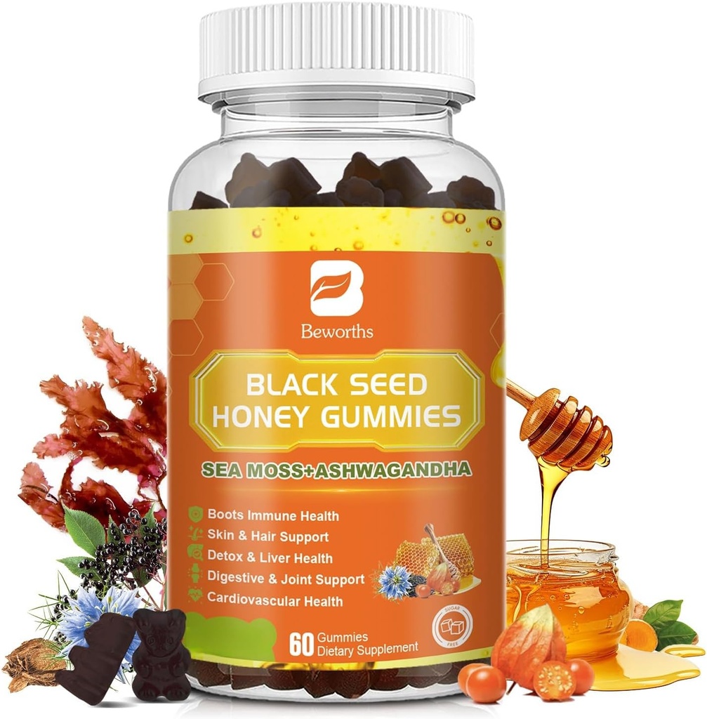 Black Seed Oil Sea Moss Gummies med Ashwagandha, Burdock Root, Linden Honey, Elderberry, Gurkemeje, C-vitamin, D3 & Zink - Understøtter immunitet, Joints, fordøjelse, hår & hud, Vegansk Gummies 60 Counts