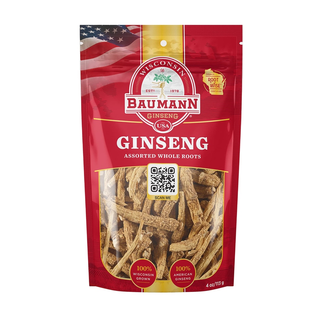 Baumann Wisconsin Ginseng Assorted Hel Roots 4 oz - 100% Natural Panax Ginseng Herb, Pure Tørret Amerikansk Ginseng for Enhanced Energy