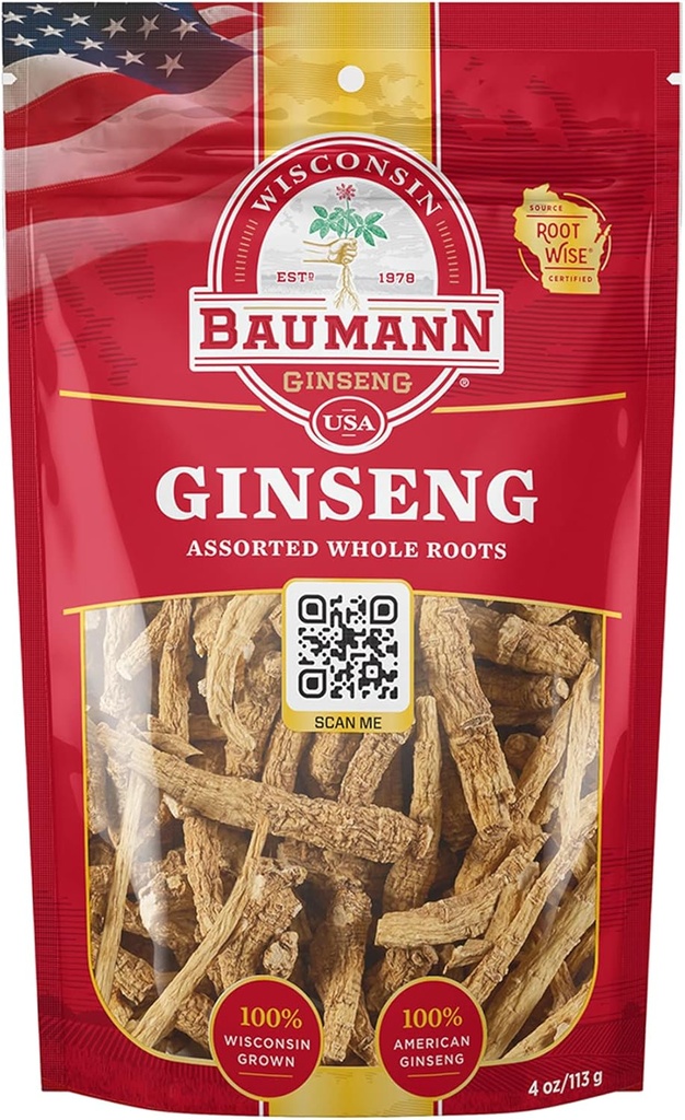 Baumann Wisconsin Ginseng Assorted Hel Roots 4 oz - 100% Natural Panax Ginseng Herb, Pure Tørret Amerikansk Ginseng for Enhanced Energy