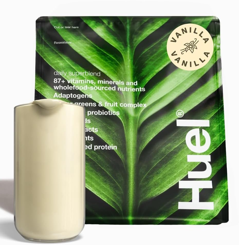Huel Daily Superblend Vanilla Pulver • 124; 25g Plant baseret protein • 124; Super Green Pulver • 124; 87 Vitamin, Mineraler, og Wholefood- Sourced Ingredients • 124; 19 Servering • 124; Scoop ikke inkluderet for at reducere plast