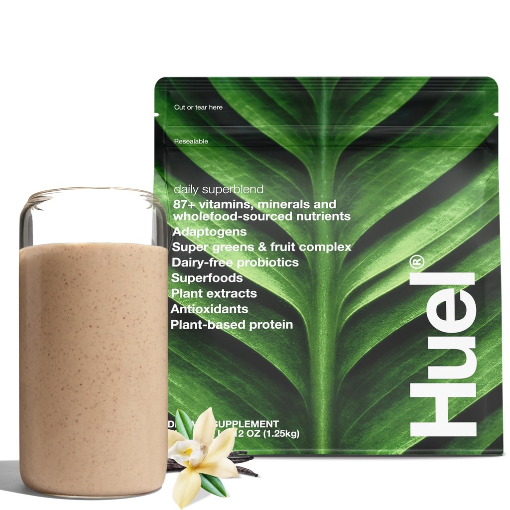 Huel Daily Superblend Vanilla Pulver • 124; 25g Plant baseret protein • 124; Super Green Pulver • 124; 87 Vitamin, Mineraler, og Wholefood- Sourced Ingredients • 124; 19 Servering • 124; Scoop ikke inkluderet for at reducere plast
