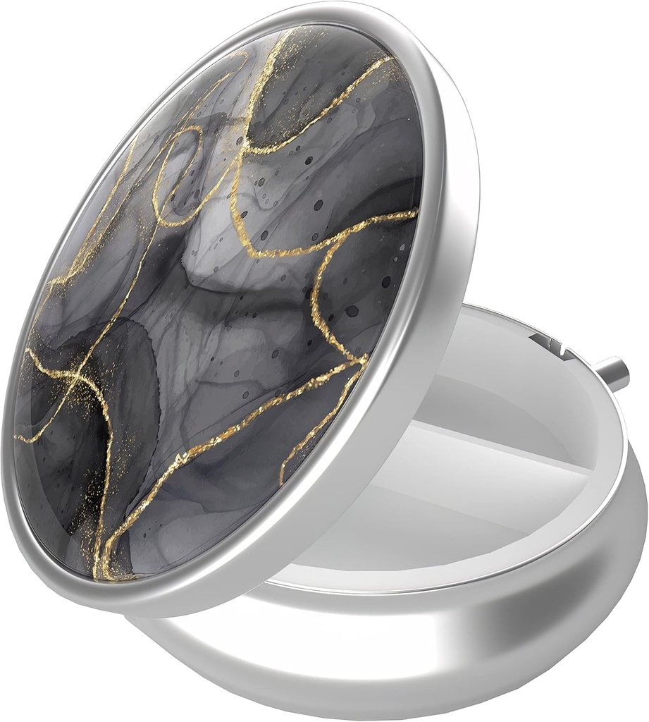 Pill Box, 3 Segment Portable Travel Medicine Box med spejl, kompakt og sød, Fits i pung og lomme, Medicin og Vitamin Organizer (Black Gold Marble)