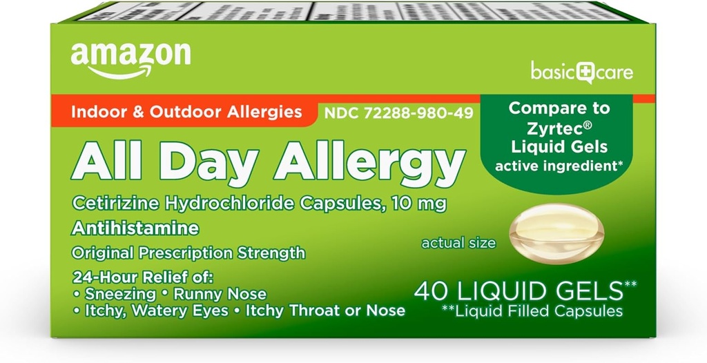 Basic Care All Day Allergy Medicine, 24 timers Allergy Liquid Gels Capsule, Cetirizin Hydrochlorid, 10 mg, Antihistamin, 40 Tæl