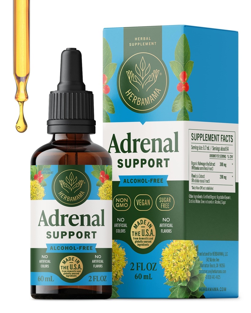 HERBAMAMA Adrenal Support Liquid Drops - Vegansk Adrenal Tinktur med Ashwagandha Root & Rhodiola Rosea Extract - Non- GMO, Alkohol & Sugar- Gratis supplement - 28-dages levering