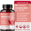 Jerntilskud til kvinder - Gentle Chelate Iron Bisglycinate 25 mg med vitamin C, B6, B12 folinsyre - Understøtter jernmangel, menstruation sundhed & energi - 120 Tæl