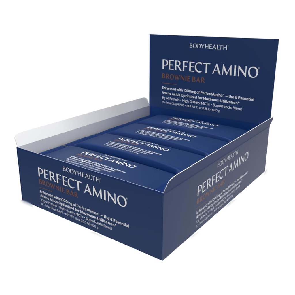 BodyHealth PerfectAmino Bar Protein Energy Snack med 10g Protein, Plant Based MCT 's, Superfood Blend, Kosher, (Brownie, 12 Pack)